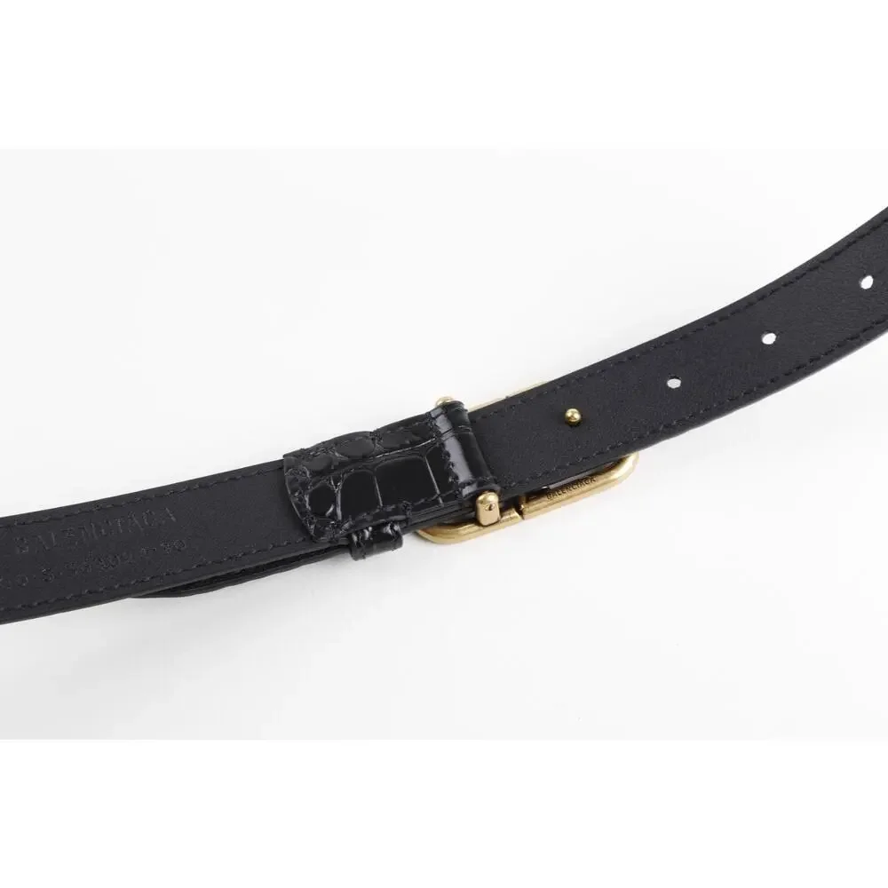 Balenciaga Black Croc Embossed Leather BB Logo Belt Antique Gold Hardware 80